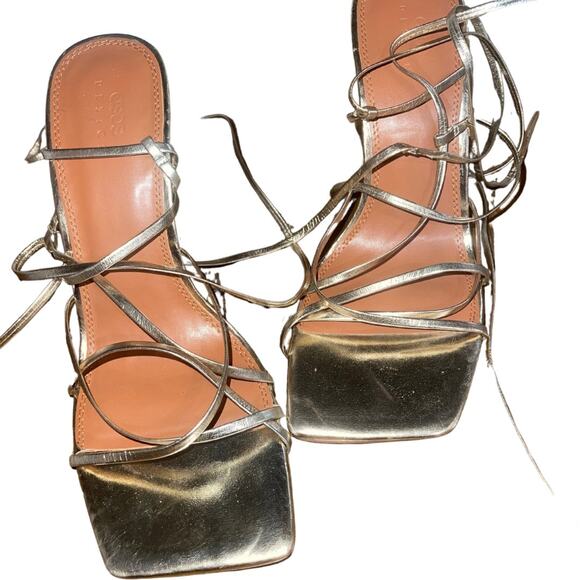 ASOS Design Wide Fit Native Strappy Heeled Sandals Gold Size 9 Prom Wedding - Picture 1 of 6